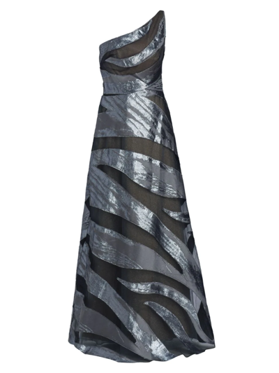Rene Ruiz Collection One-shoulder Burnout A-line Gown In Slate Pewter