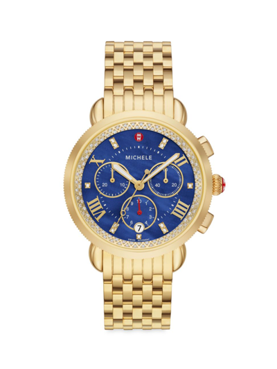 Michele Sport Sail 18k-gold-plated & Diamond Chronograph Watch In Blue/gold
