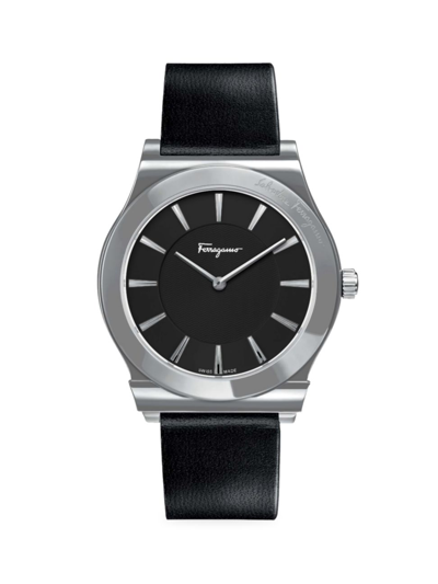 Ferragamo 1898 Slim Stainless Steel & Leather-strap 2-hand Watch In Black