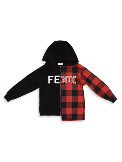 Fendi Kids' Boy's Logo Two-tone Buffalo Check Zip-up Hoodie In Black Red