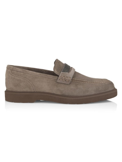 Brunello Cucinelli Monili Suede Loafers In Light Grey