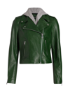 Lamarque Holy Hooded Leather Biker Jacket In Bottle Green