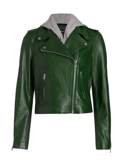 Lamarque Holy Hooded Leather Biker Jacket In Bottle Green