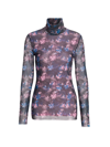 Ganni Printed Mesh Long-sleeve Rollneck Top In Daisy Spray Lilac Sachet