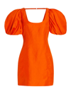 Frame Puff-sleeve Scoop-neck Slubbed-poplin Mini Dress In Mandarin
