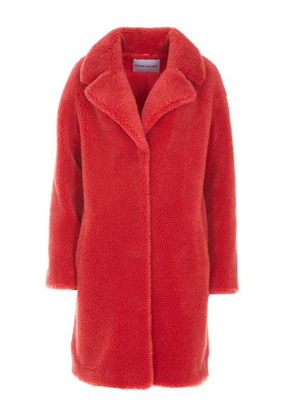 Stand Studio Camille Faux-shearling Oversized Coat In Red