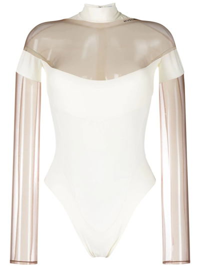 Mugler Sheer-panel Long-sleeve Bodysuit In White