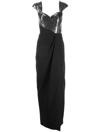 Marchesa Notte Metallic Crepe Draped Off-shoulder Gown In Black