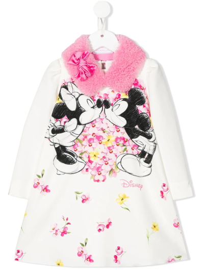Monnalisa Kids White Disney Print Ruffled Dress In Ivory