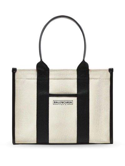 Balenciaga Neo Navy Small Leather-trimmed Printed Organic Cotton-canvas Tote In Cream