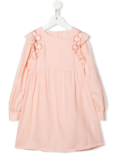 Chloé Kids' Ceremony 刺绣扇贝边连衣裙 In Pink