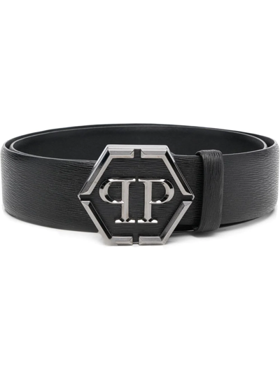 Philipp Plein Hexagon Logo-buckle Leather Belt In Black
