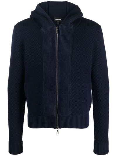 Giorgio Armani Knitted Zip-up Hoodie In Blue