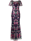 MARCHESA NOTTE SHORT SLEEVE EMBROIDERED GOWN