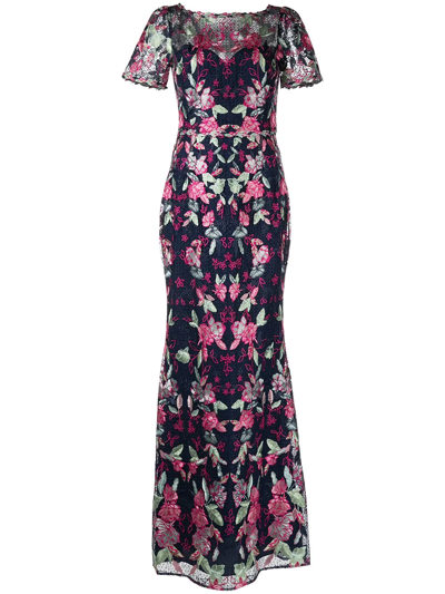 Marchesa Notte Short Sleeve Embroidered Gown In Multicolour