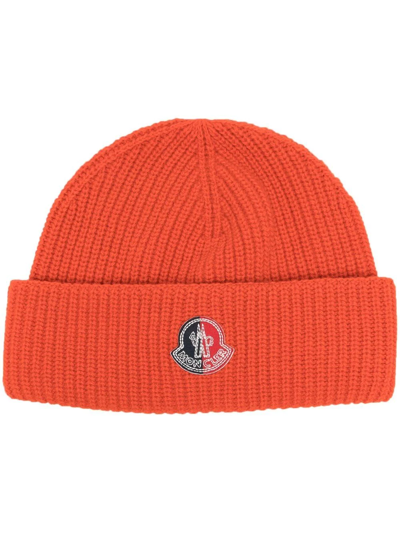 Moncler Wool Ribbed Logo Beanie In Orange