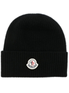Moncler Black Logo Patch Knitted Beanie Hat In Black