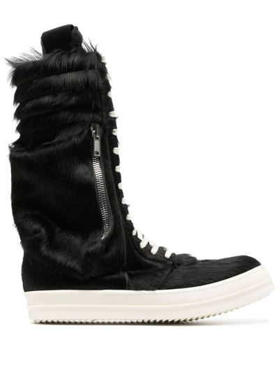 Rick Owens Black Cargobasket Pony Hair Knee-high Sneaker Boots