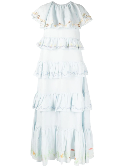 Helmstedt Algue Embroidered Linen-blend Maxi Dress In Light Blue