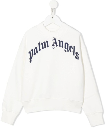 Palm Angels Kids White Crewneck Sweatshirt With Navy Blue Maxi Logo In Bianco