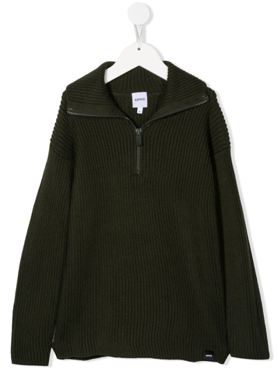 Aspesi Kids' Ribbed-knit Zip-front Sweater In Verde