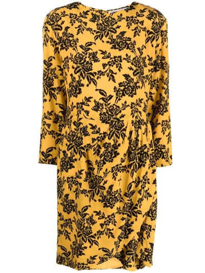 Pre-owned Dior  Floral-print Silk Dress In Yellow
