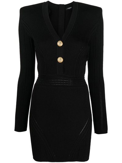 Balmain Short Knit Dress With Gold Buttons In Black