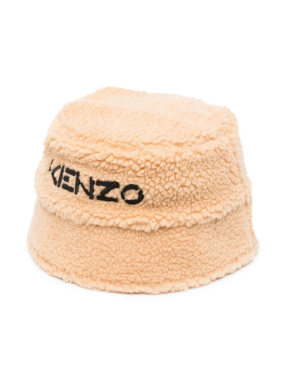 Kenzo Kids' Embroidered Logo Faux Fur Bucket Hat In Beige