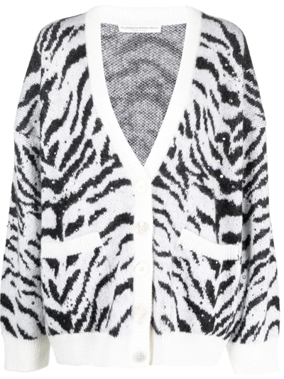 Alessandra Rich Zebra Pattern Knitted Long Cardigan In White