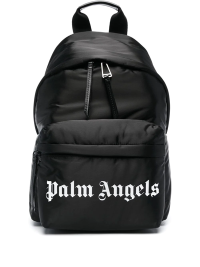 Palm Angels Logo Print Nylon Backpack In Black/white