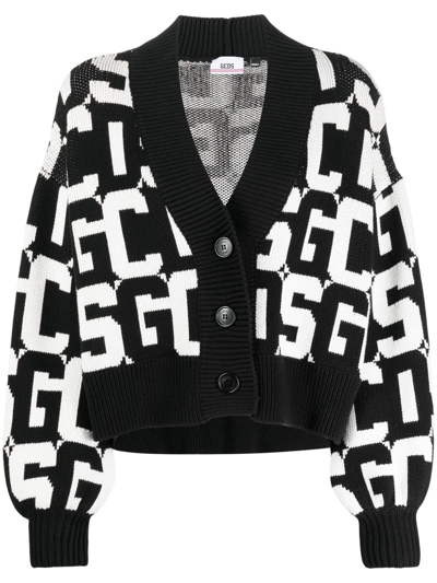Gcds Woman Cardigan In Black And White Monogram Knit