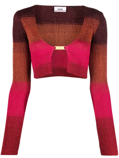 Gcds Crop Cardigan In Multicolored Lurex Knit With Logo Clip