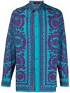 Versace Barocco Silhouette Silk Button-up Shirt In Blue