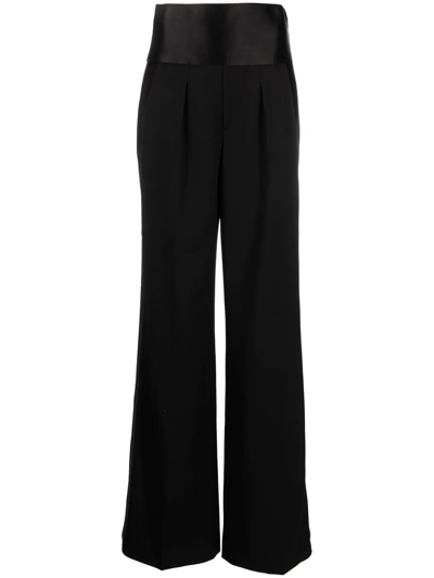 Tom Ford Silk Satin-trimmed Grain De Poudre Wool Wide-leg Pants In Black