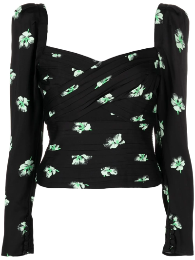 Self-portrait Pansy-print Wrapped-bust Top In Black