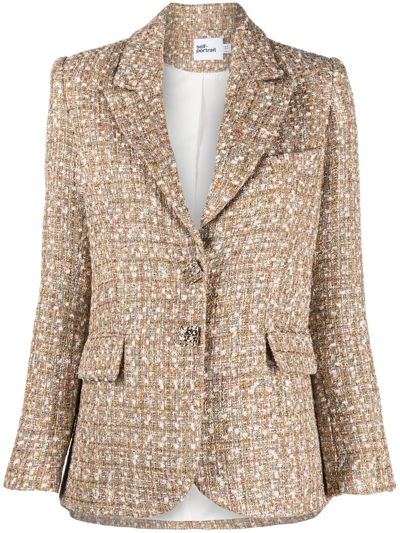 Self-portrait Metallic Checked Tweed Blazer In Yellow