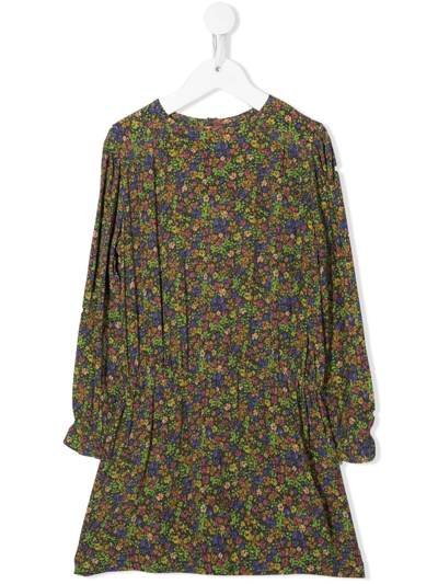 Bonpoint Kids' Floral-print Long-sleeve Dress In Green