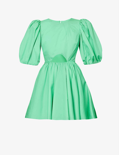 Aje Colette Puff-sleeve Cutout Cotton Mini Dress In Green-lt