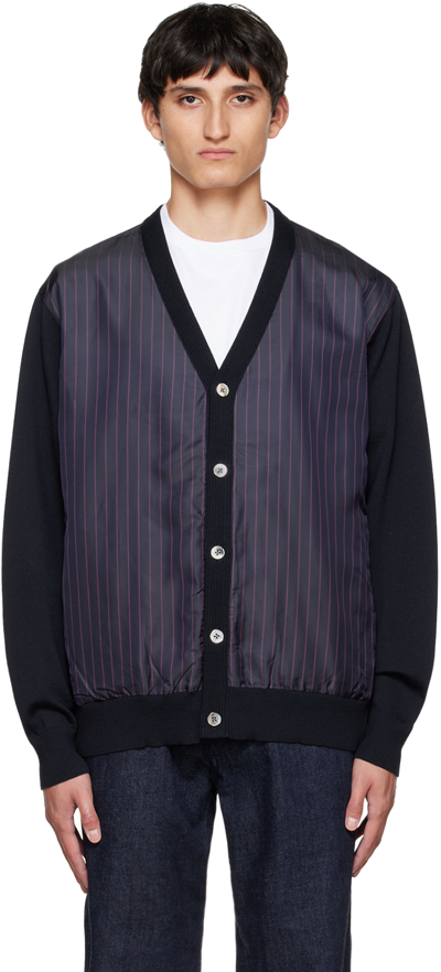 Nanamica Striped Panel Wool Blend Knit Cardigan In Black