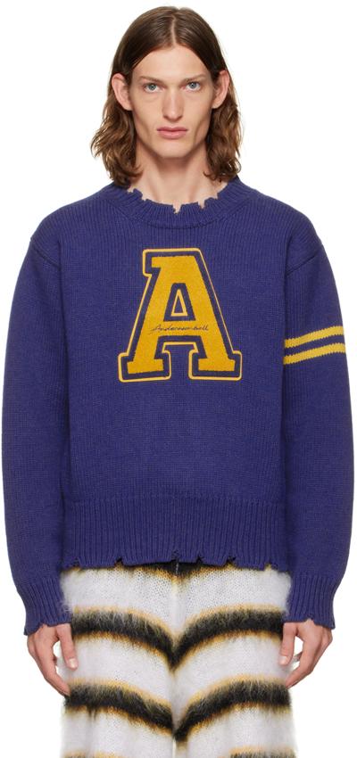 Andersson Bell Varcity Logo Distressed Sweater In Blue