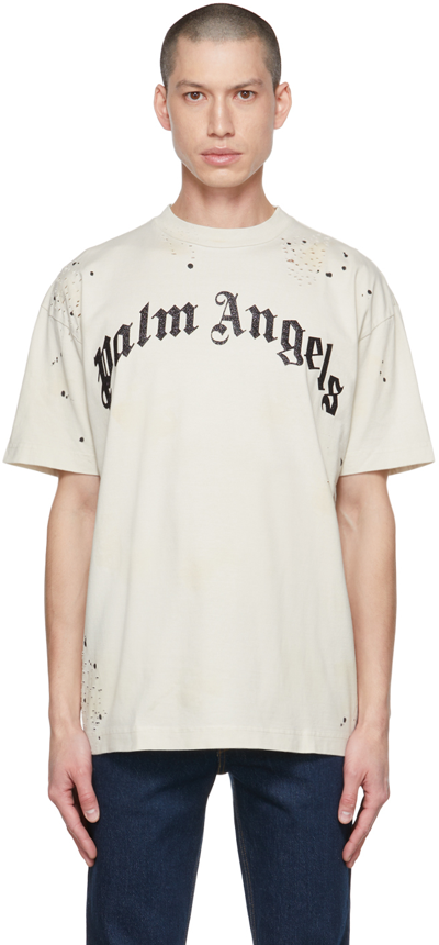 Palm Angels White Cotton Crew Neck T-shirt With Logo In Beige