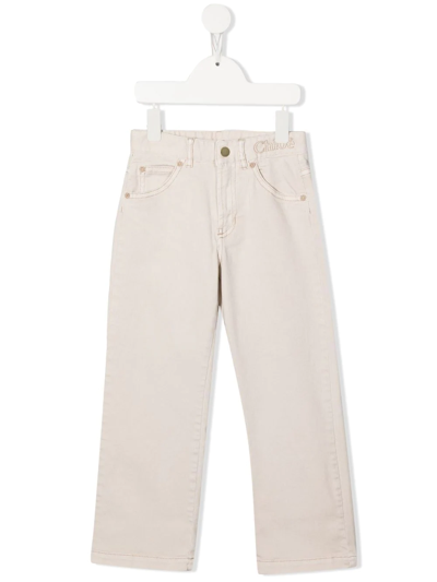 Chloé Kids' Embroidered-logo Straight-leg Jeans In Neutrals