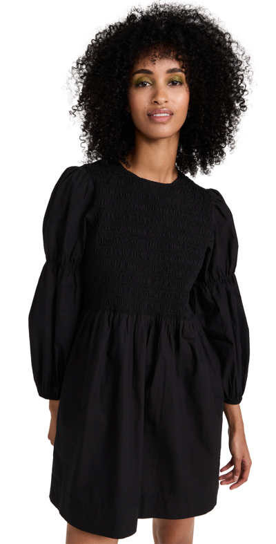 Ganni Shirred Organic Cotton-poplin Mini Dress In Black