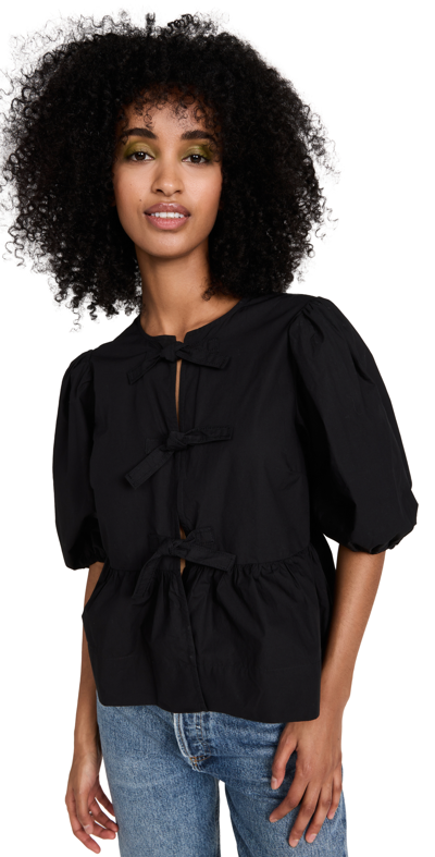 Ganni Poplin Front-tie Peplum Blouse With Puffed-sleeves In Black