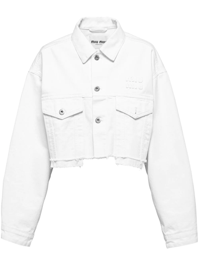 Miu Miu Embroidered-logo Cropped Denim Jacket In White