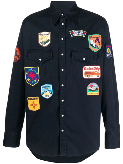 Dsquared2 Logo-patches Stretch-cotton Shirt In Blue