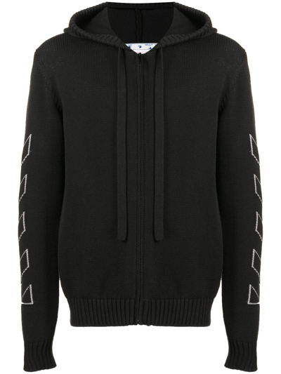 Off-white Diag Outline Knitted Zip-up Hoodie In Black