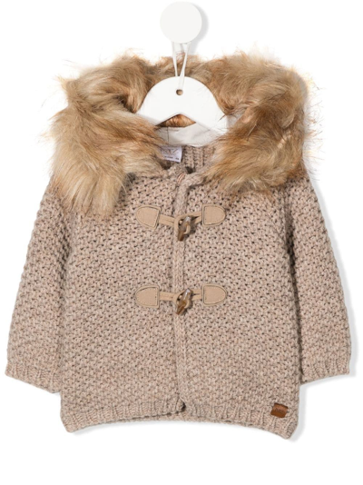 Paz Rodriguez Babies' Knitted Faux Fur-trim Duffle Coat In Beige