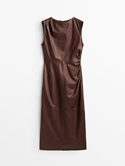 Massimo Dutti Nappa Leather Dress With Gathered Detail In Burgundy |  ModeSens