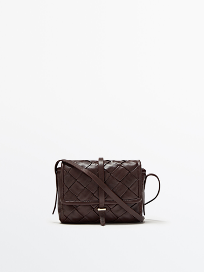 Massimo Dutti Braided Leather Crossbody Bag With Flap In Burgundy